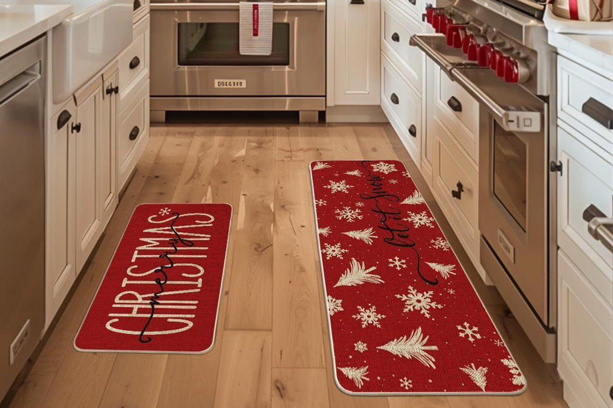 2Pcs Christmas Kitchen Rugs Merry Christmas Print Mats Home Kitchen Decor