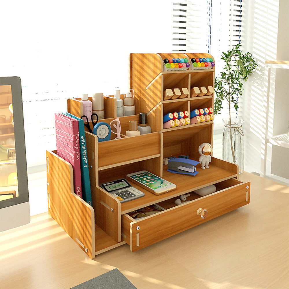 Wooden Desk Organizer with Drawers Art Supplies Storage Desktop Stationary