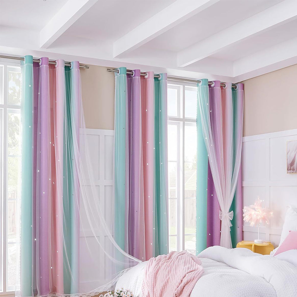 Colorful Double-Layer Blackout Curtain for Bedroom Decor with Laser-Cut Star Design