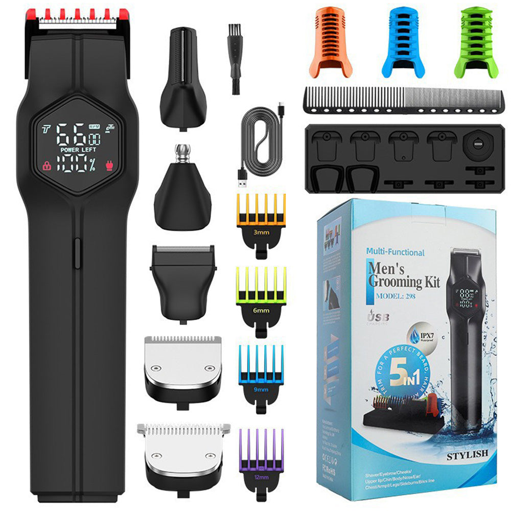 Mens Electric Beard Trimmer IPX7 Waterproof Cordless Hair Clippers Grooming Kits for Mustache Body Face Ear Nose