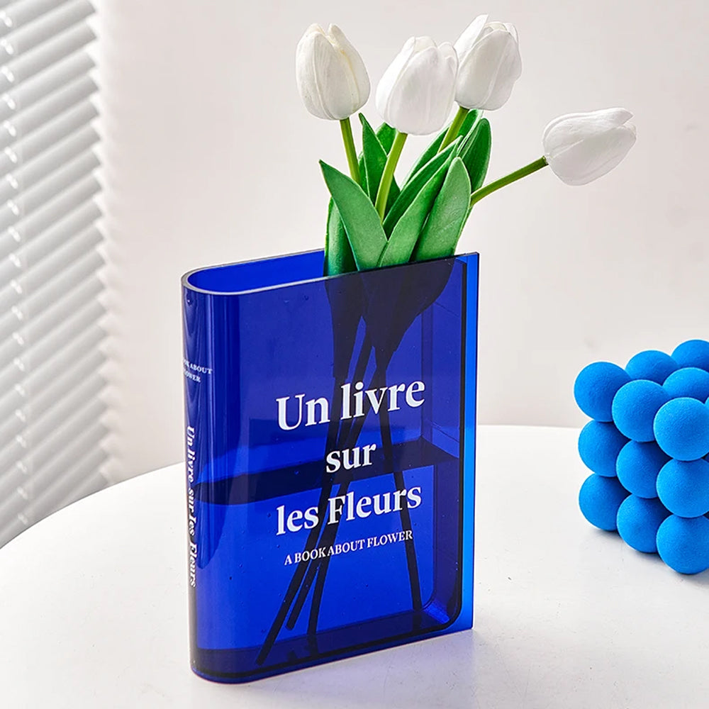 Plastic Clear Book Vase for Flowers Bookshelf Vase Decoration-Blue