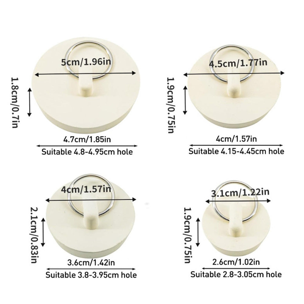 4 Universal Plastic Sink Stoppers with Metal Pull Rings for Basins and Bathtubs