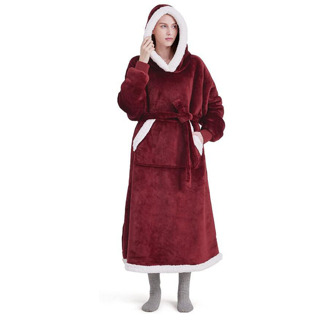 Fleece Long Blanket Hoodie with Giant Pocket and Belt Wearable Hooded Blanket