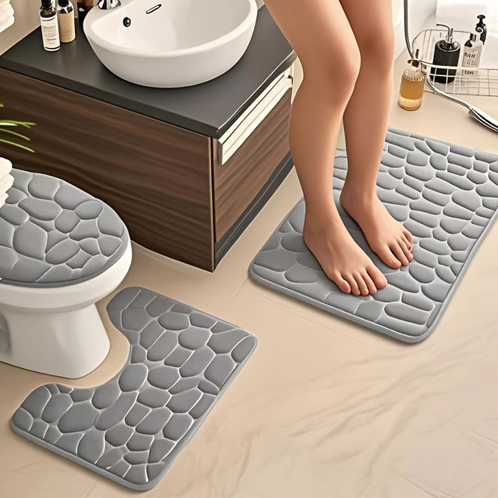 3Pcs Bathroom Mat Set Pebble Pattern Foam Bath Rug Washable Bath Mats for Bathroom Floor