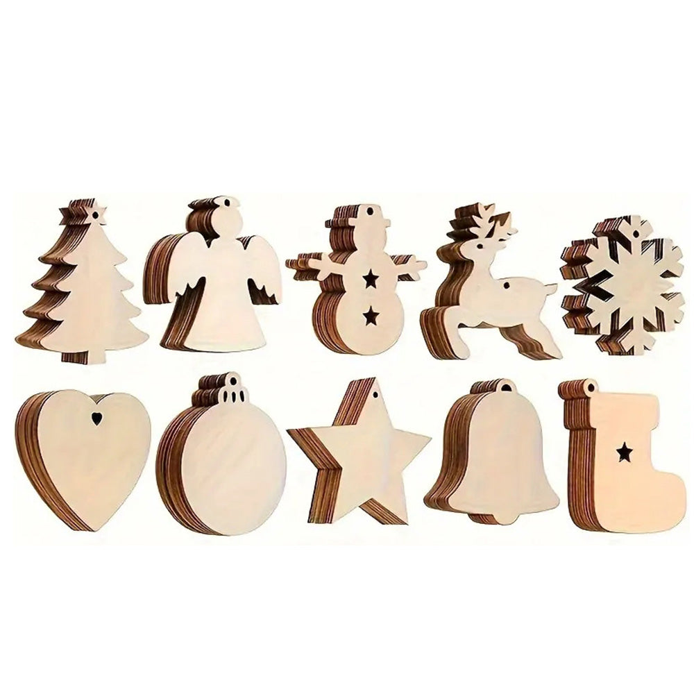 100Pcs Wooden Christmas Tree Decorations Assorted Blank Shapes for Painting
