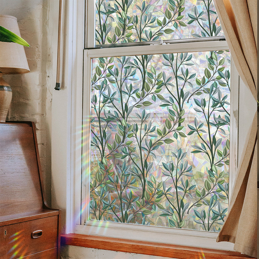Static Cling Vintage Green Leaves Branches Pattern Cutting Privacy Window Sticker