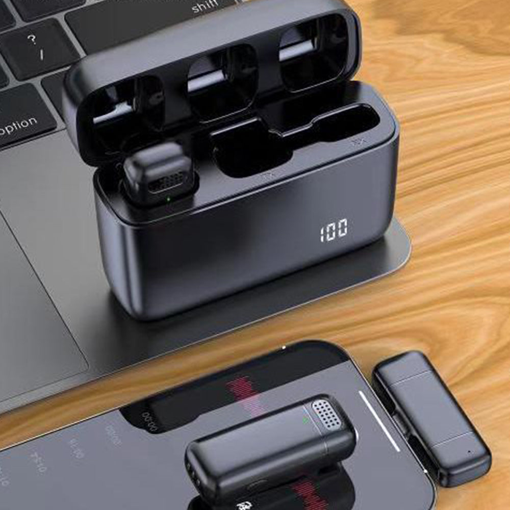 Dual Wireless Lavalier Mics with Charging Case Noise Reduction Lapel Microphone