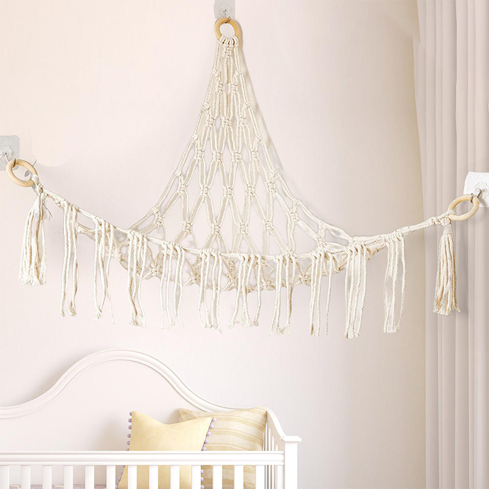 Tassels Boho Plush Toy Hammock with String Light Hanging Storage Net