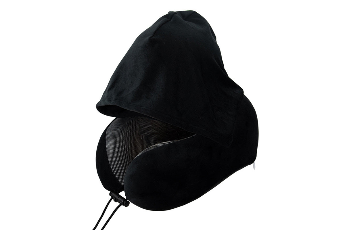 Hooded Travel Pillow with 3D Eye Masks Memory Foam Neck Pillow for Airplane Sleeping