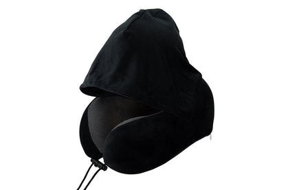 Hooded Travel Pillow with 3D Eye Masks Memory Foam Neck Pillow for Airplane Sleeping