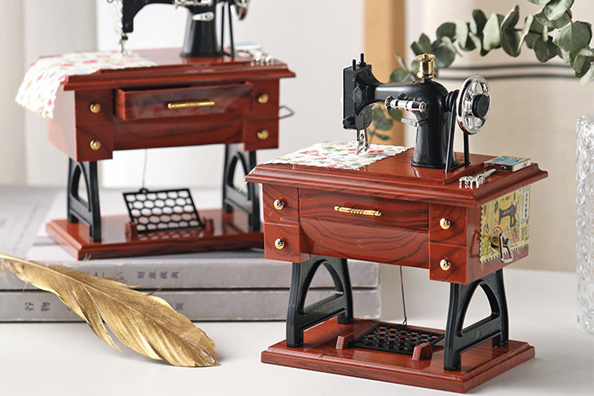 Retro Sewing Machine Music Box with Drawer Storage Desktop Decorative