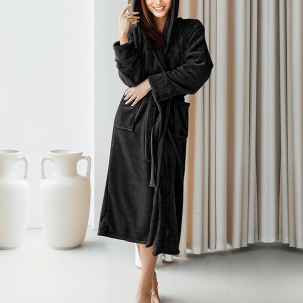 Women Robe Hood Flannel Fleece Full Length Bathrobe Shower Nightgown-Black