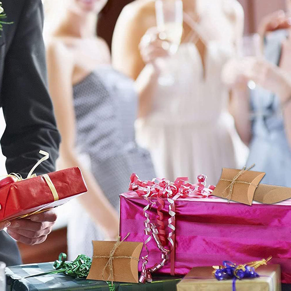 50 Pack Kraft Paper Pillow Gift Boxes with Ribbons for Weddings and Parties