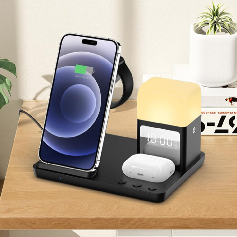 6-in-1 Wireless Charger with Alarm Clock and Night Light for Smartphone/Watch/Earbuds