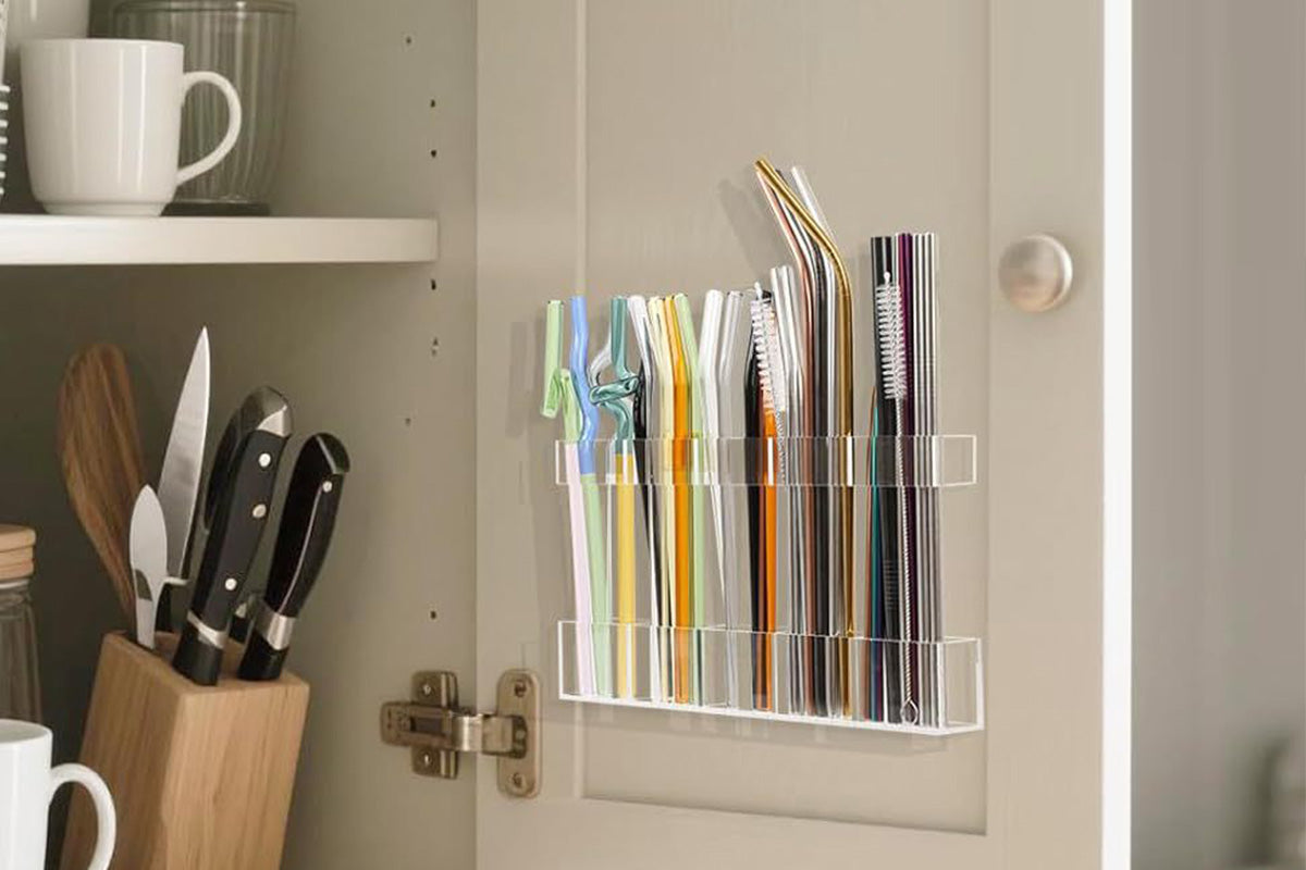 Straw Holder for Cabinet Door Reusable Straw Storage for Kitchen Cupboard