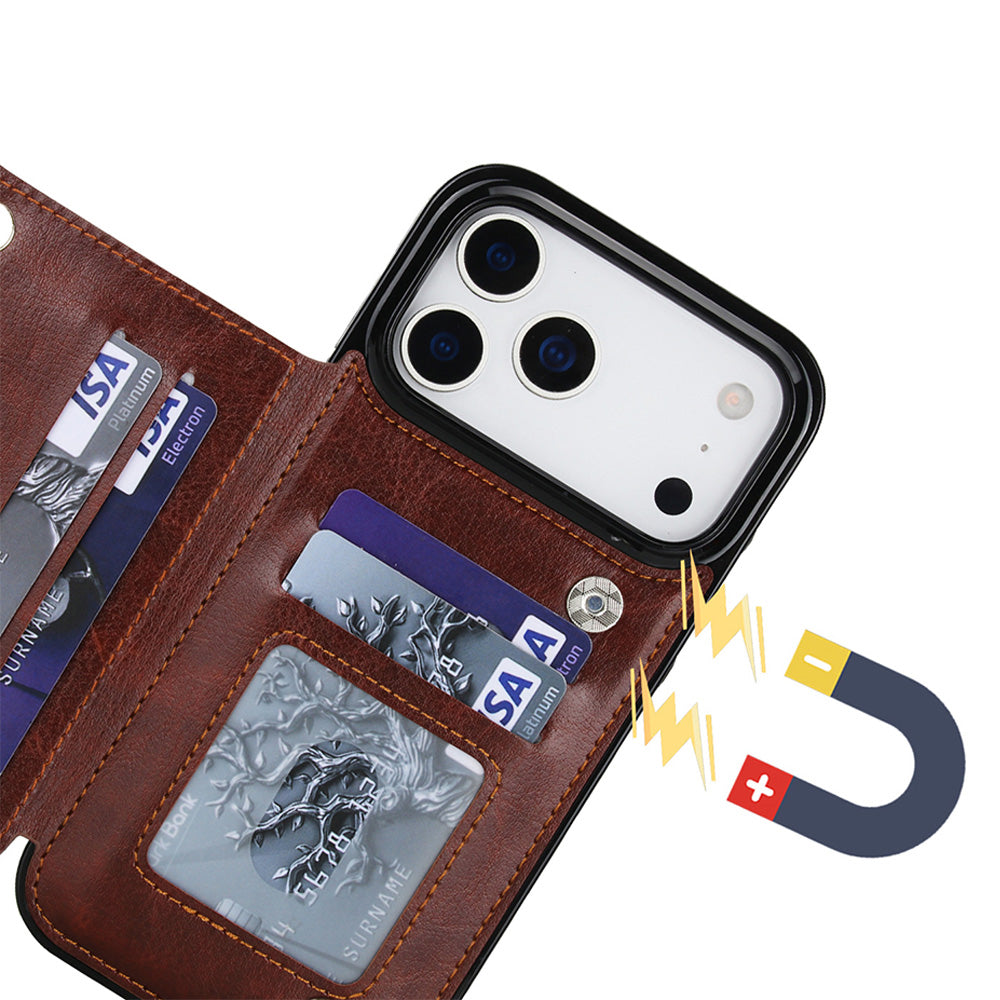 Leather Wallet Case for iPhone 17 Series Double Secure Flip Closure Full Body Drop Defense-Brown
