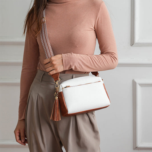Womens Crossbody Bag with Triple Zipper - PU Leather Shoulder Bag with Adjustable Guitar Strap