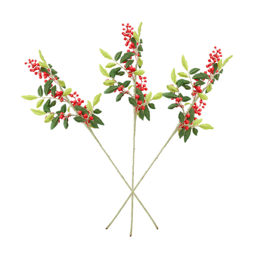 3Pcs 67cm Christmas Red Berry Holly Branch Pine Cone Artificial Flower Xmas Decor