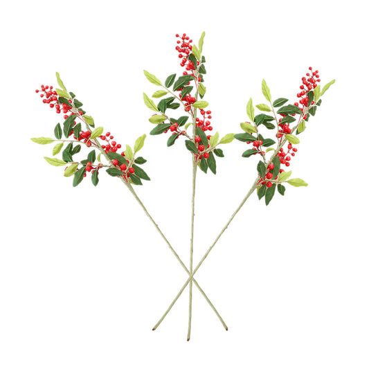 3Pcs 67cm Christmas Red Berry Holly Branch Pine Cone Artificial Flower Xmas Decor