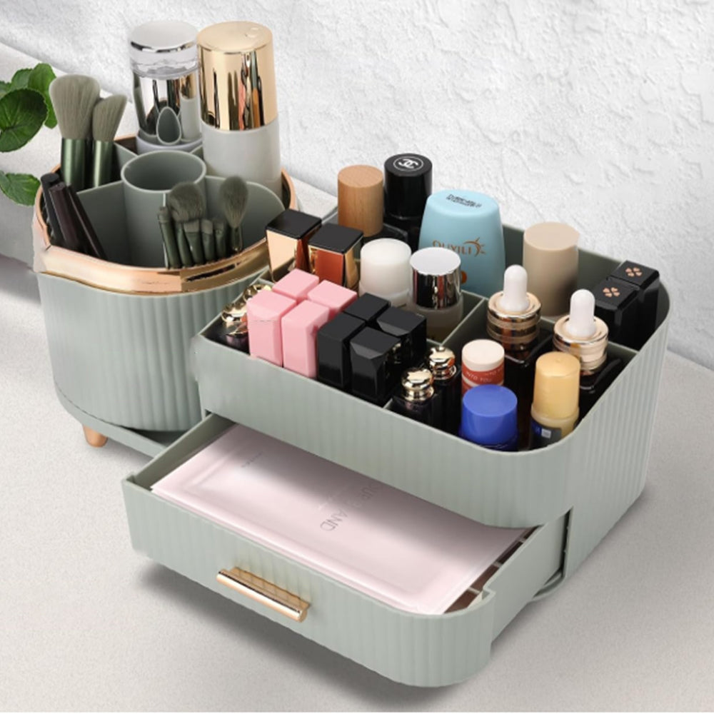 360 Degree Rotating Makeup Organizer for Brush Holder and Drawers