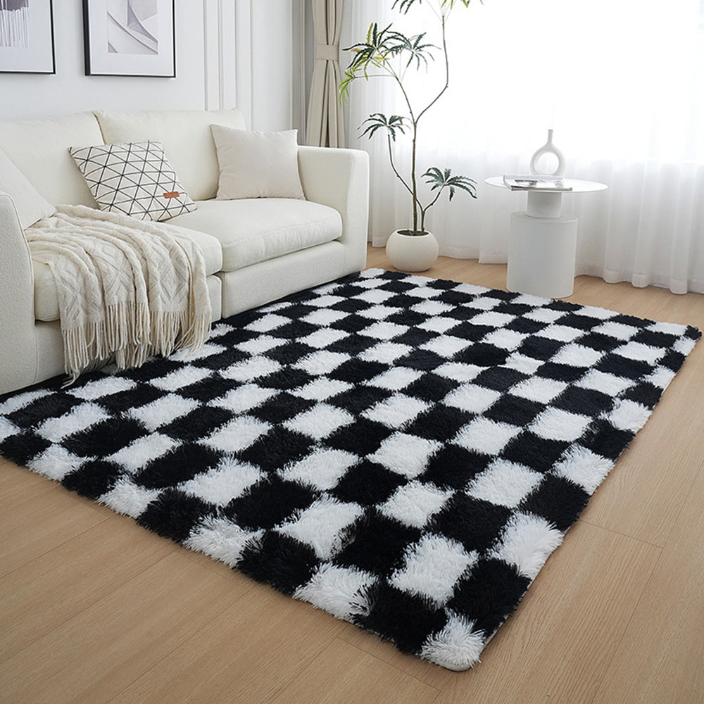 Soft Plush Shaggy Rug Checkered Thickened Non Slip Carpet for Living Room Bedroom