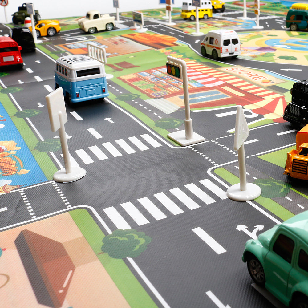 Floor Play Mat Rug Traffic Road Signs Car Track City Carpet Toy with 10 Trees