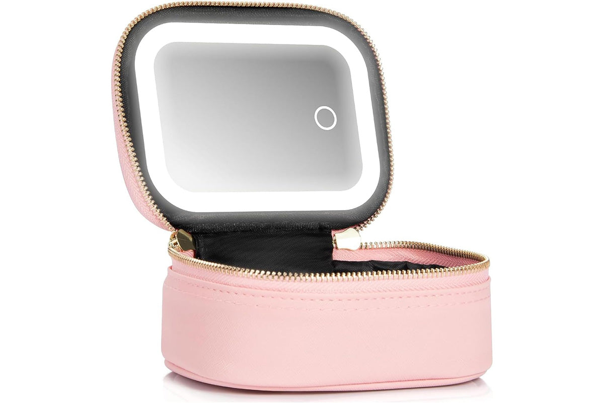 PU Leather Makeup Case Lighted Mirror LED Travel Cosmetic Organizer