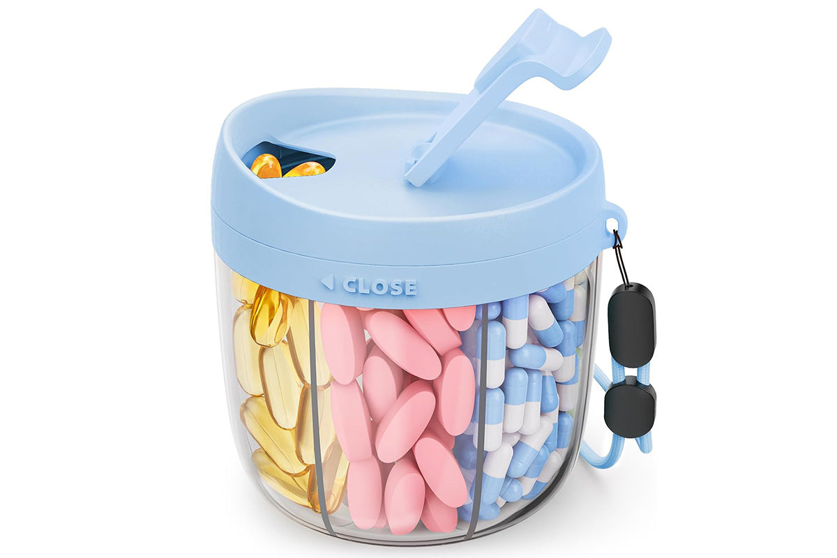 7 Compartments Pill Organizer Bottle with Handle and Rotating Lid for Travel Use