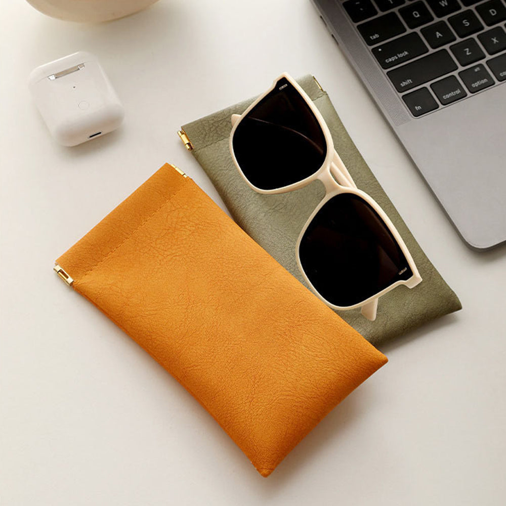 2Pcs Squeeze Portable Leather Glasses Storage Bags-Orange and Blue