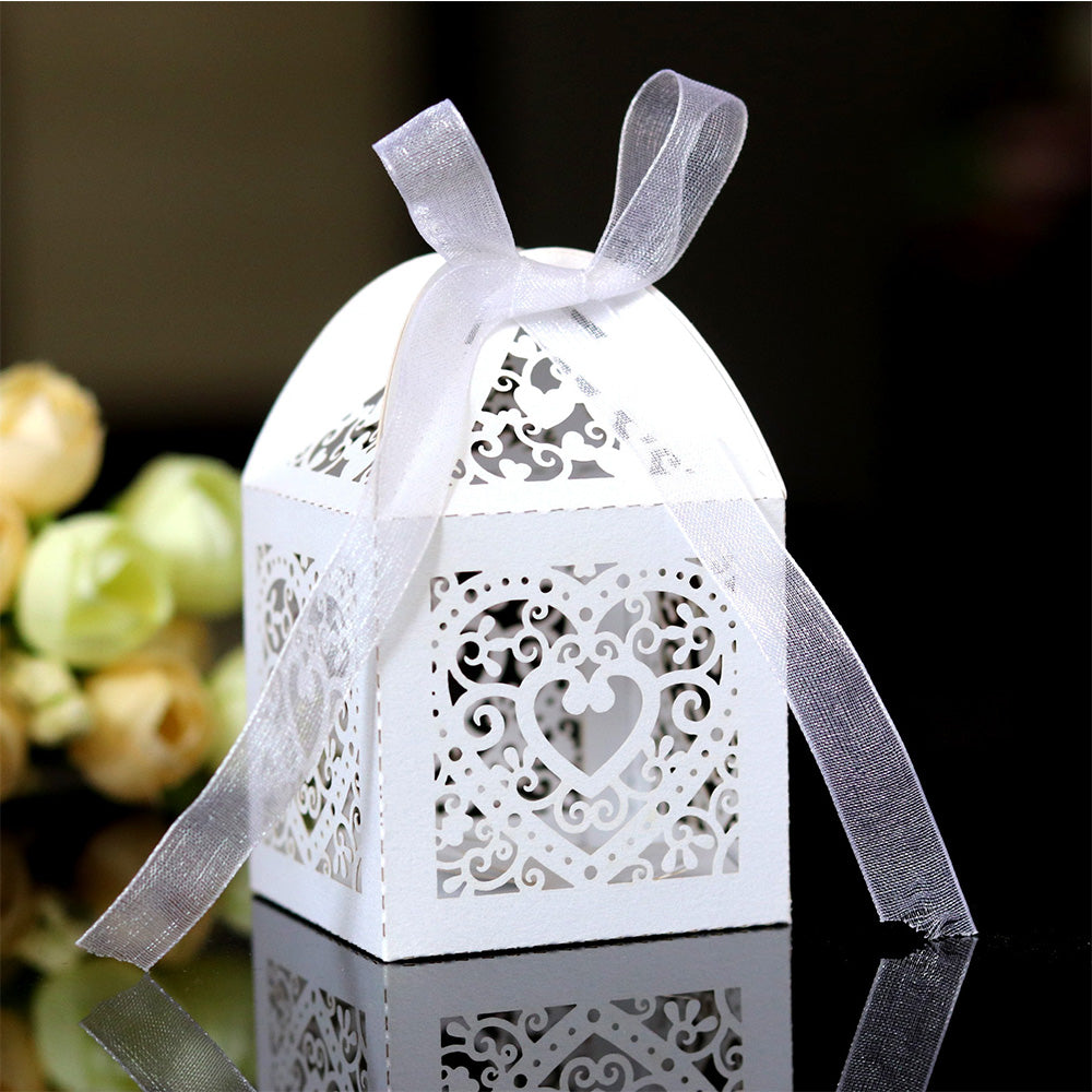 50 Pack Laser Cut Pearl Paper Candy Favor Boxes with Ribbons