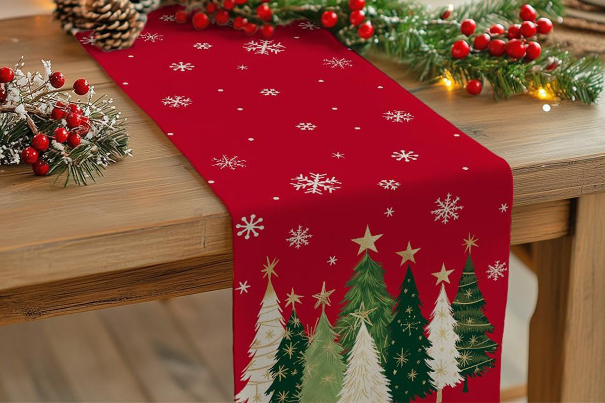 Christmas Table Runner Xmas Trees Tablecloth Cover For Kitchen Dinner Party