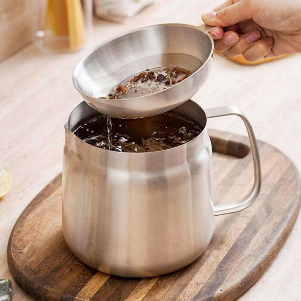 2L Stainless Steel Oil Strainer Storage Pot with Filter Mesh and Cover
