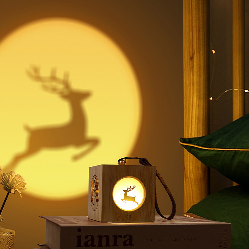 Christmas Party Atmosphere Projector Night Lamp Wood Cube Night Light-Elk