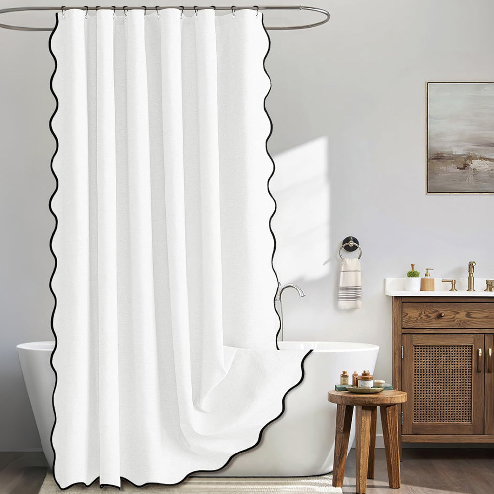 Waterproof Shower Curtain Thick Boho Wavy Edge With Rustproof Hooks