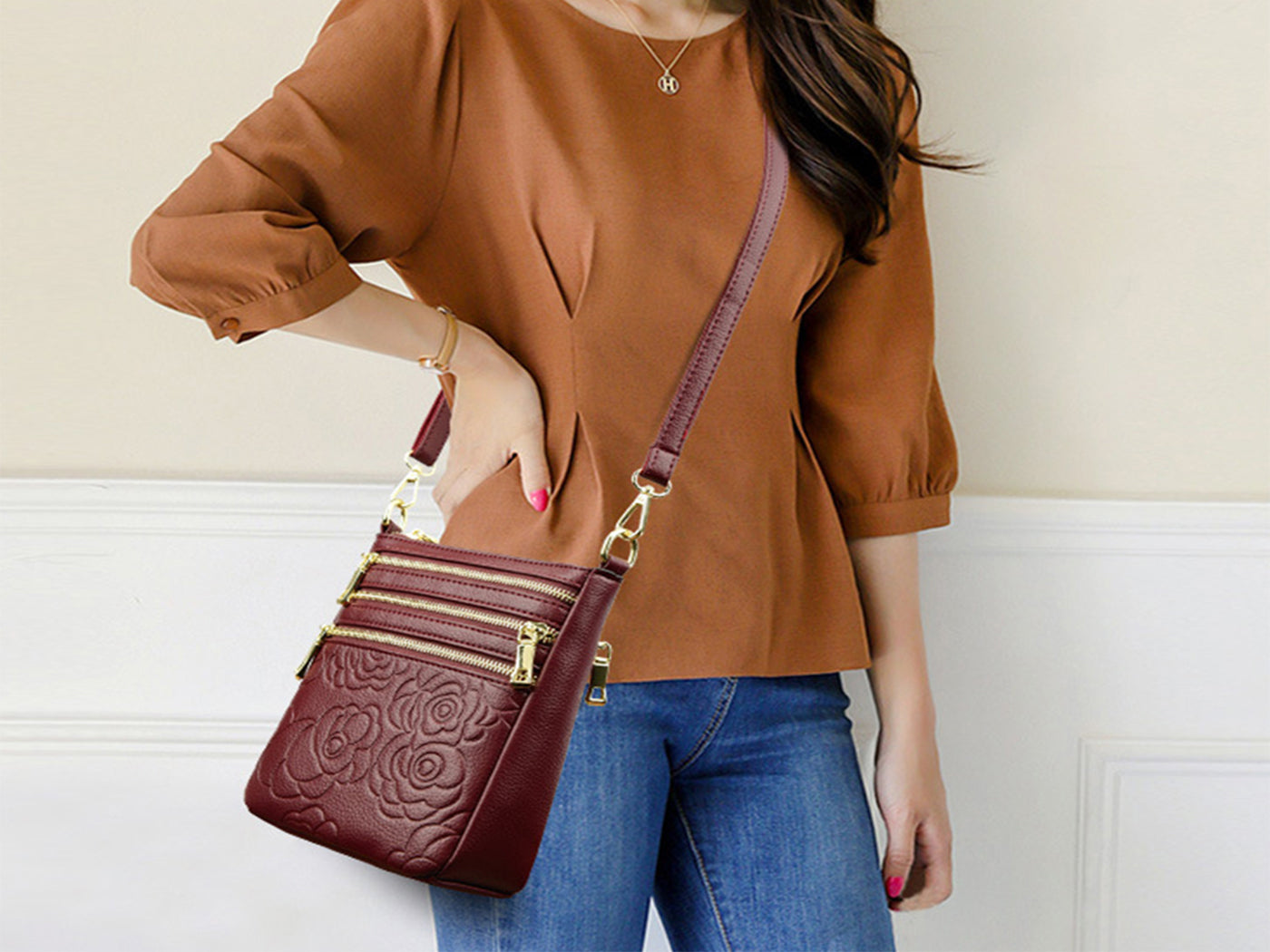 Genuine Leather Crossbody Shoulder Bag Multi-Compartment Water-resistant Handbag