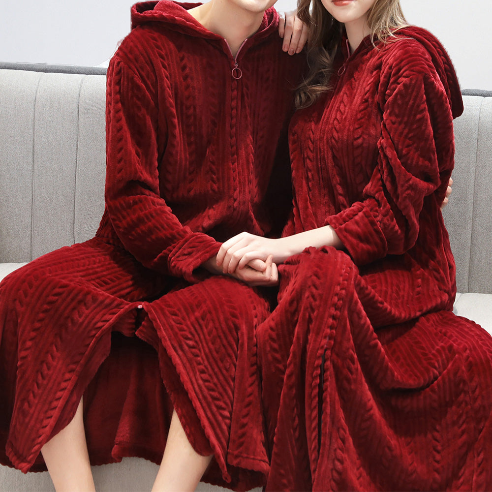 Unisex Long Hooded Zipper Bathrobe Fleece Robes Winter Warm Nightgown Sleepwear Pyjamas-Wine Red