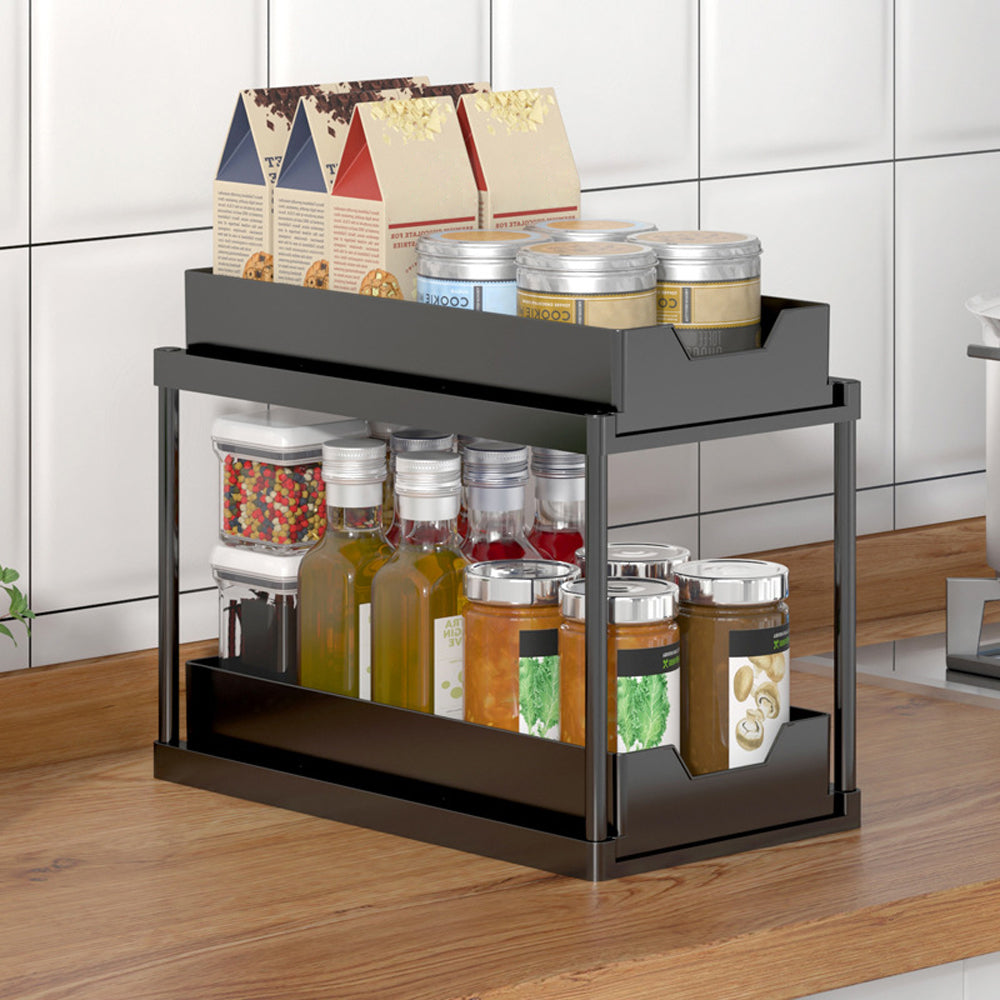 2 Tier Bathroom Cabinet Shelf Organizer Double Sliding Storage Rack with Hook