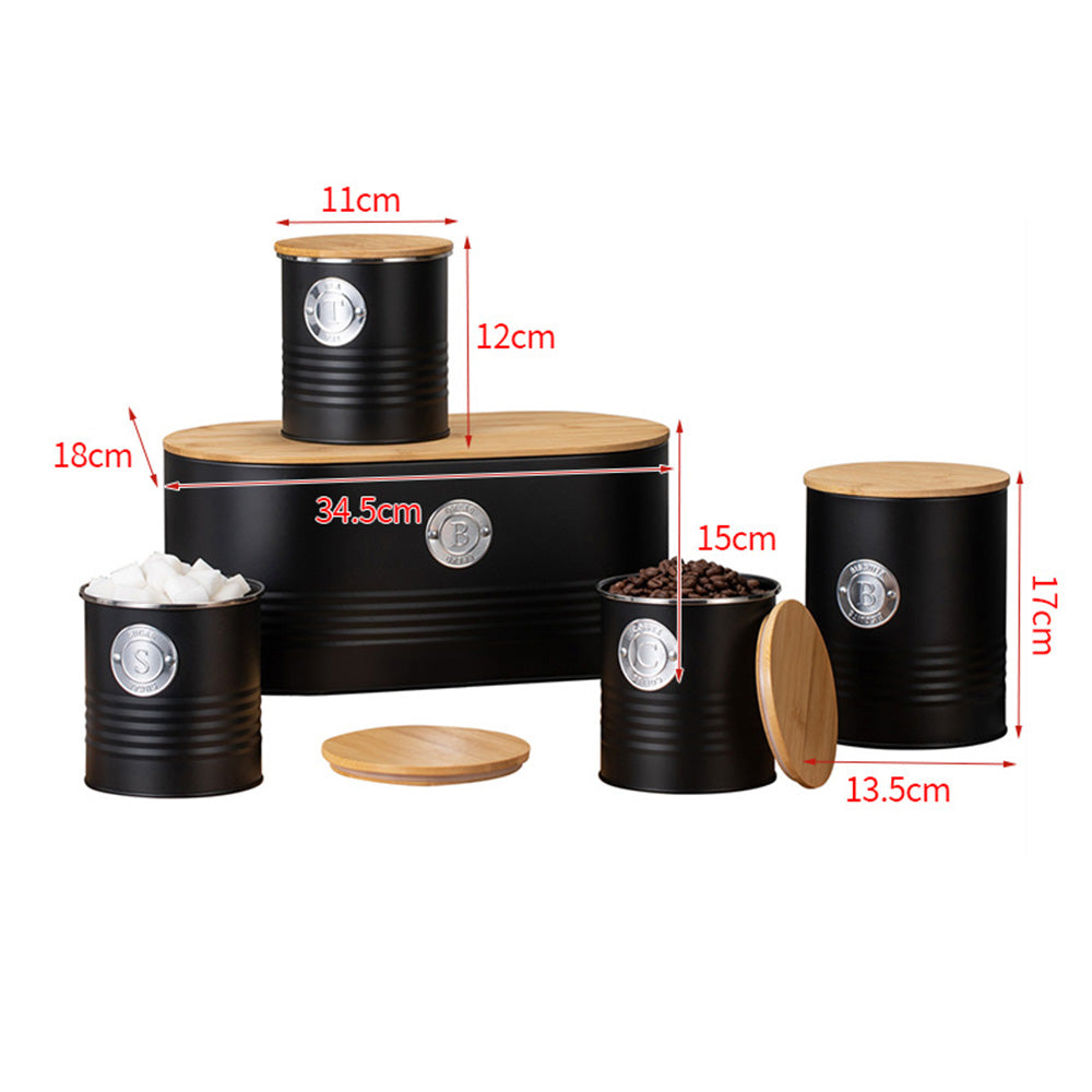 5 Piece Black Bread Bin and Airtight Kitchen Storage Canister Set