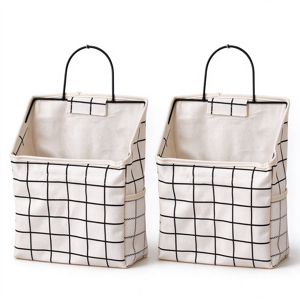 2 Pack Fabric Wall Hanging Storage Bags with Iron Hooks and Mesh Pockets