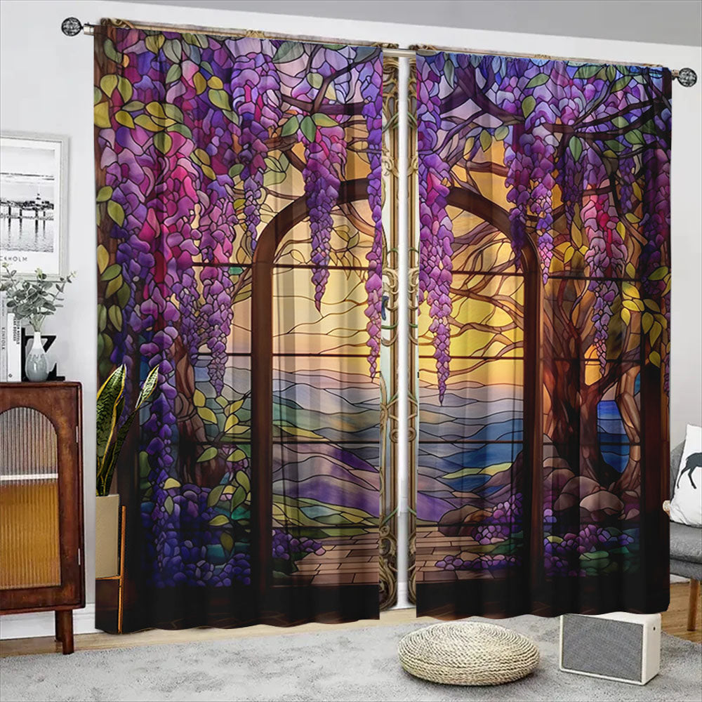 2Pcs Stained Glass Flower Wisteria Printed Curtain for Home Decor
