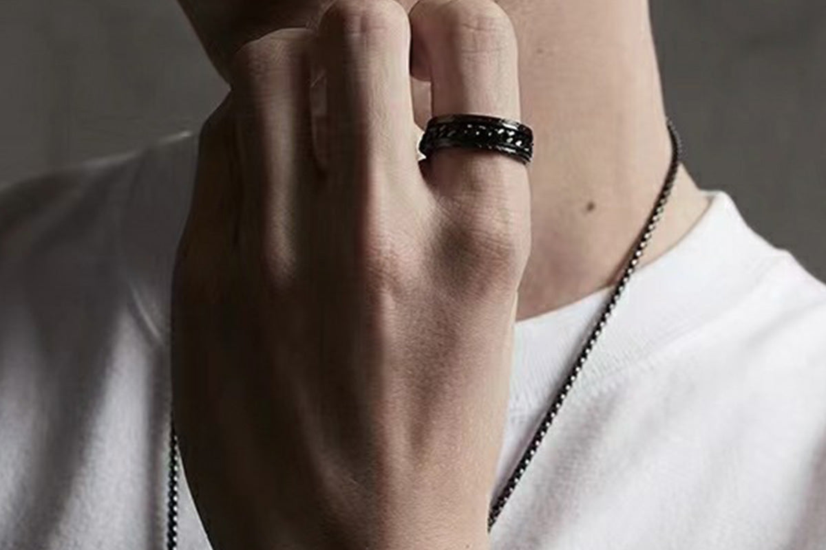 Fidget Rings Anxiety Spinner Rings Stainless Steel Chain Rings-Black