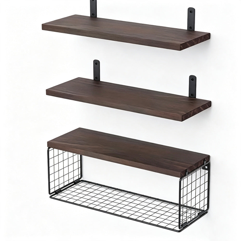 3 Piece Engineered Wood Wall Shelves with Metal Storage Basket