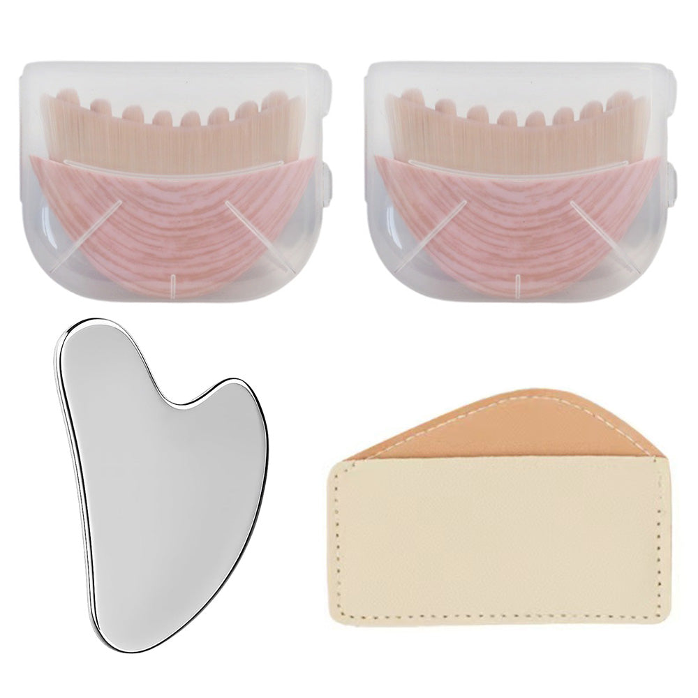 Stainless Steel Gua Sha Tool and  Face Brush Set -Pink