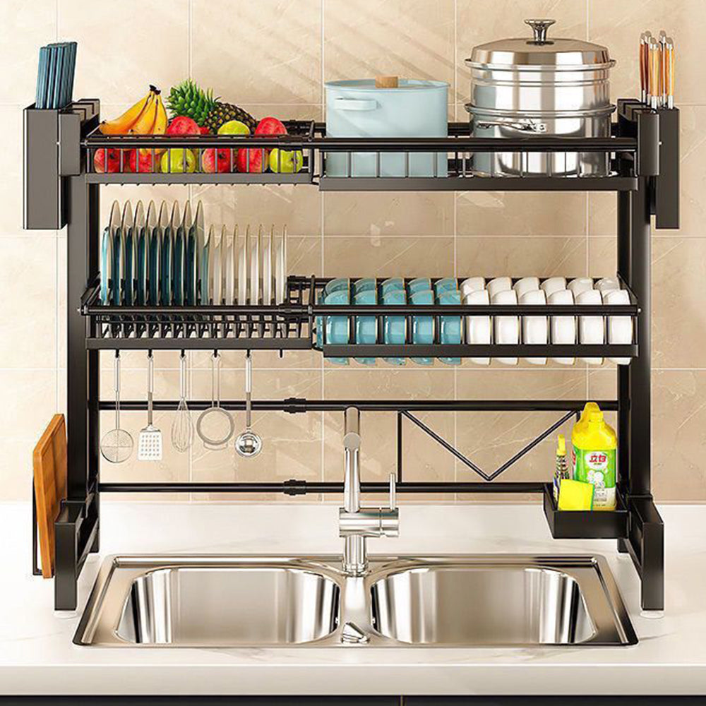 Over The Sink Dish Drying Rack Adjustable Large Capacity Stainless Steel Drainer with Cutlery Utensil Holders