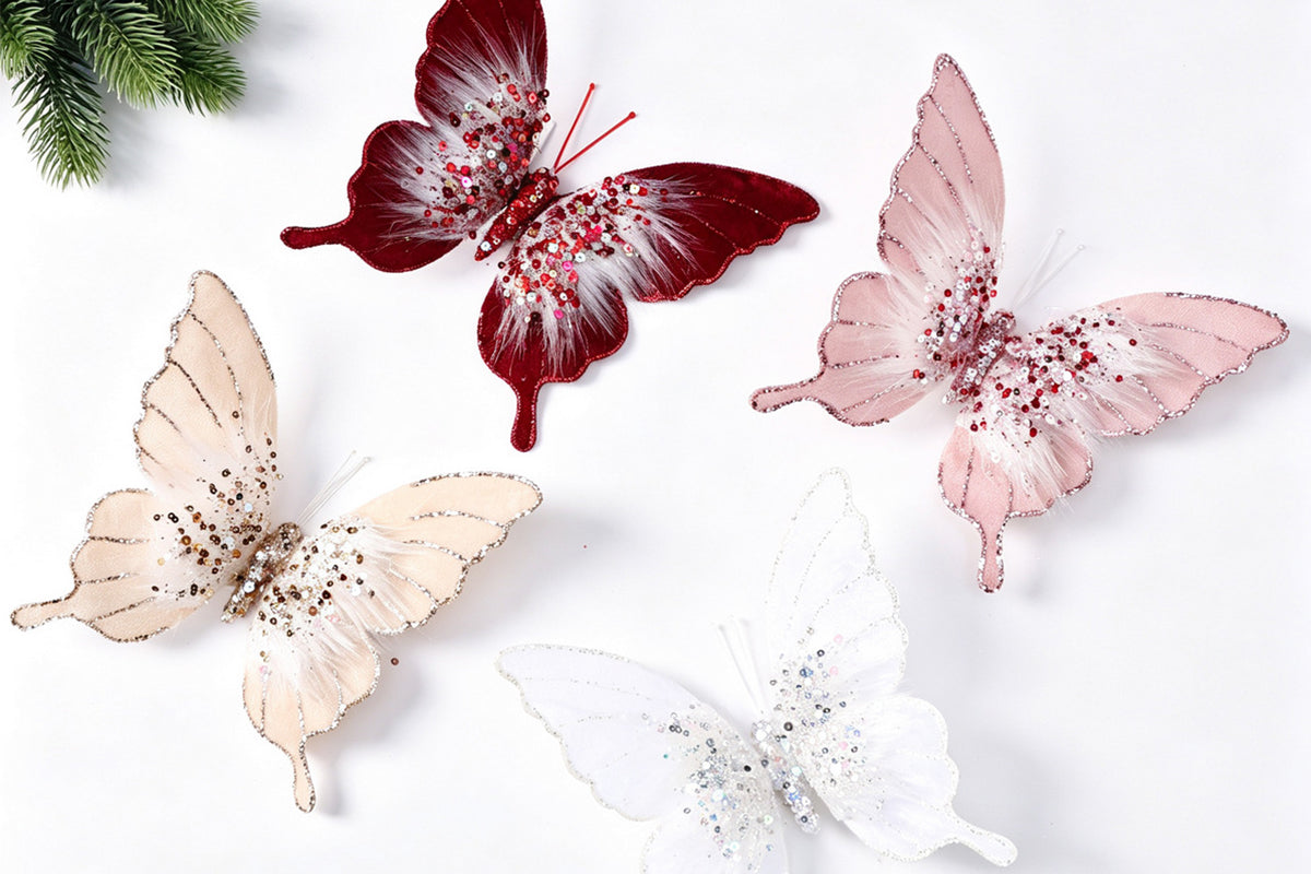 8pcs 3D Fabric Butterfly Clip Ornaments Sequins Glitter Trim Butterfly Clips Decor for Christmas Tree