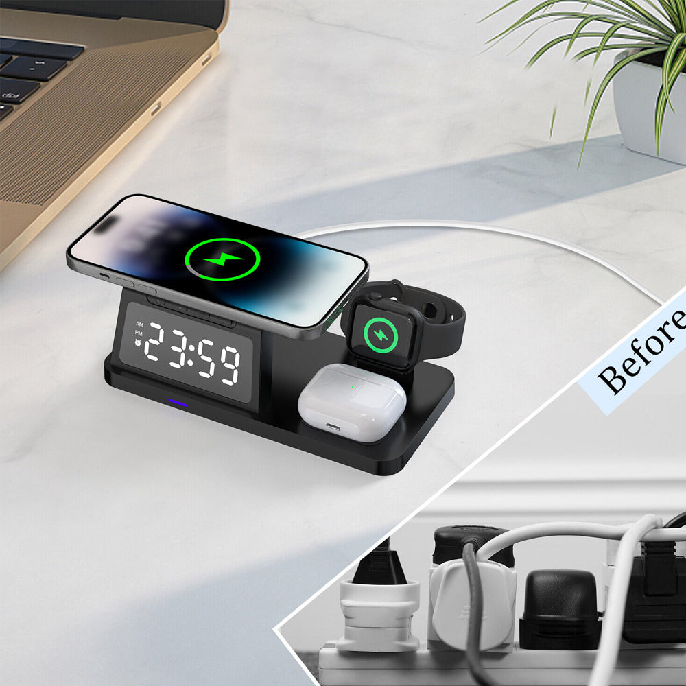 5 in 1 USB Plug Wireless Charging Station with Clock for Phone Watch
