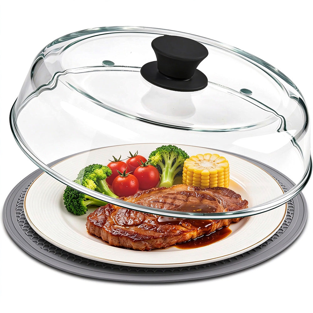 Microwave Glass Splatter Cover with Silicone Trivet Dual Vents and Handle