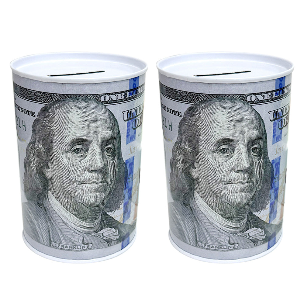 2 Pack Metal Money Saving Banks Benjamin Franklin 100 Dollar Bill Tin Design