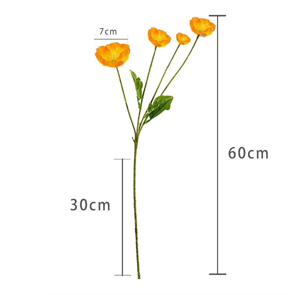 6Pcs 4 Head Artificial Poppy Flowers Papaver Rhoeas Flocking Stem Bouquet-White, Orange