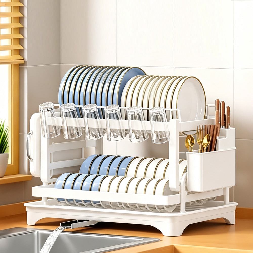 Two-Tier Carbon Steel Dish Drying Rack with Divided Storage